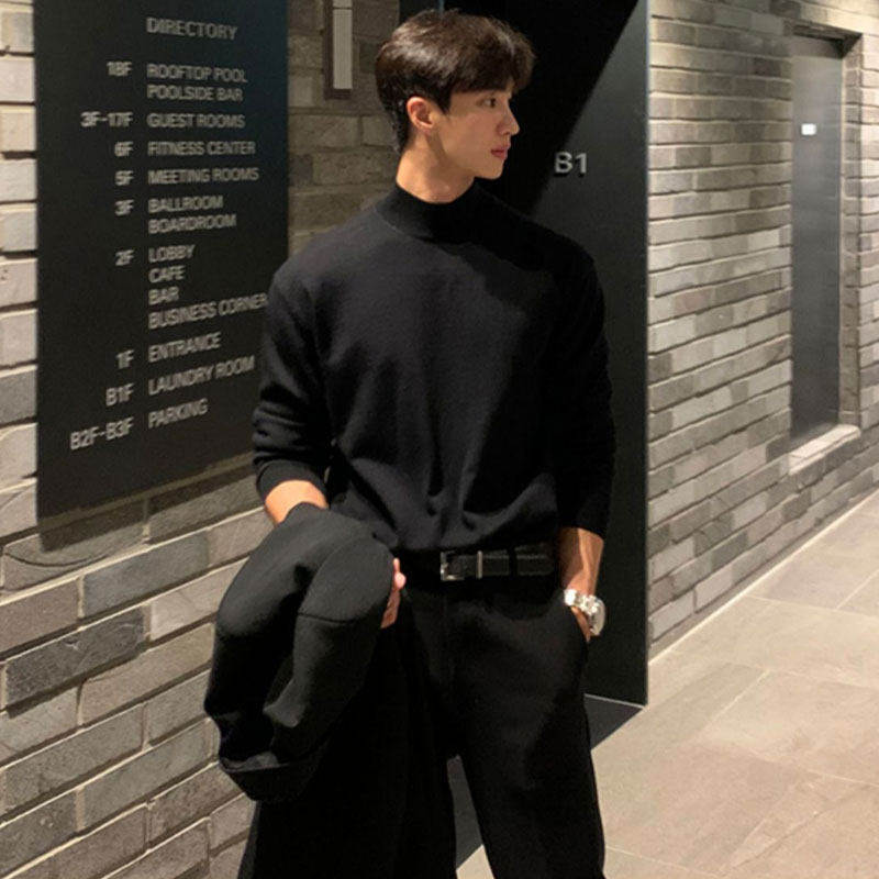 仓树一石黑色半高领毛衣男加绒冬款韩版高级感修身内搭针织打底衫