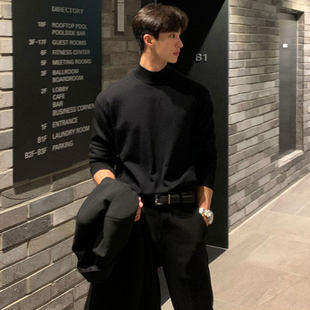 仓树一石黑色半高领毛衣男加绒冬款韩版高级感修身内搭针织打底衫