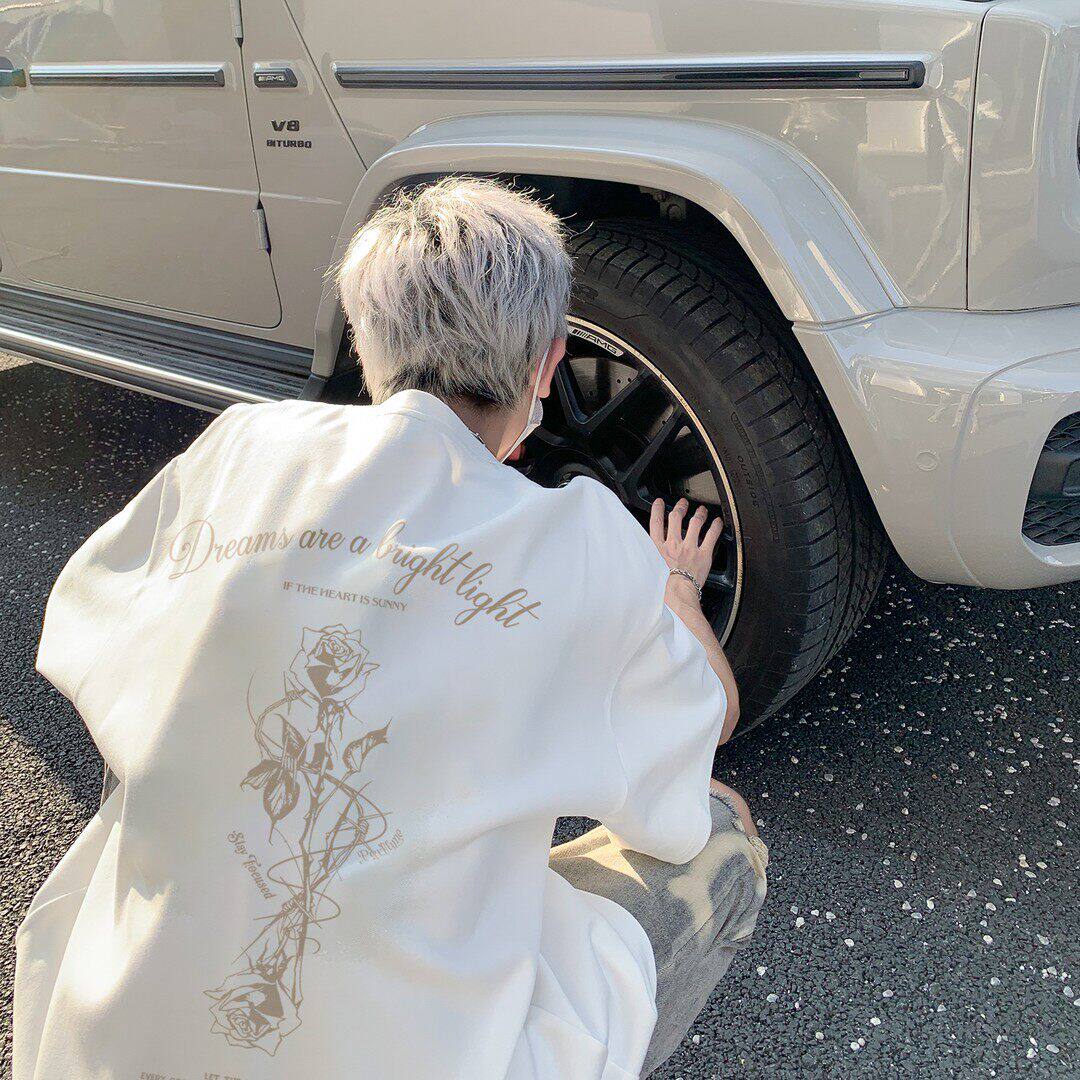 仓树一石玫瑰花纯棉重磅短袖t恤男夏季街头潮牌宽松大码半袖上衣