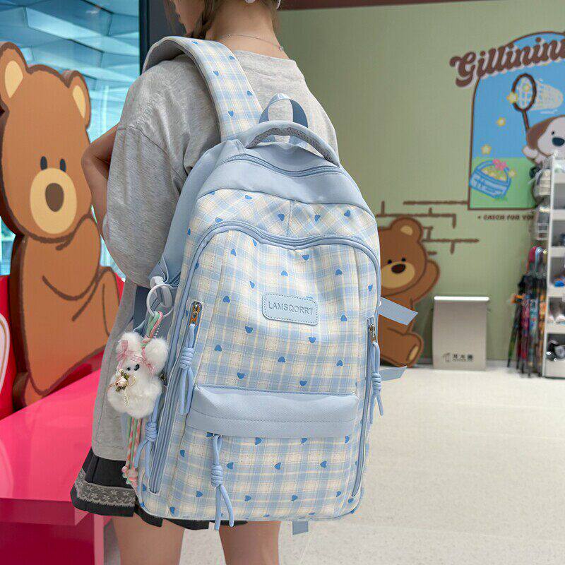 法国DUDK拼色格子双肩包女新款轻便护脊初高中学生书包大容量背包