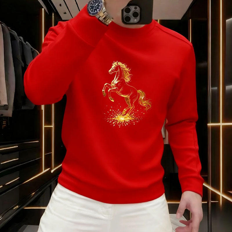 仓树一石潮牌秋冬马年红色圆领卫衣男高级感时尚本命年情侣款衣服