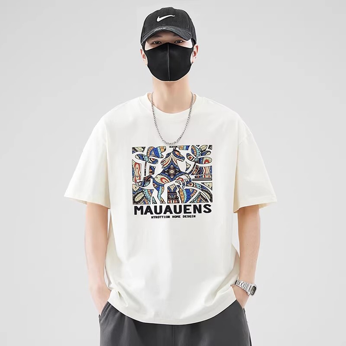 仓树一石潮牌圆领短袖T恤男士夏季马年2026新款腰果印花男装上衣