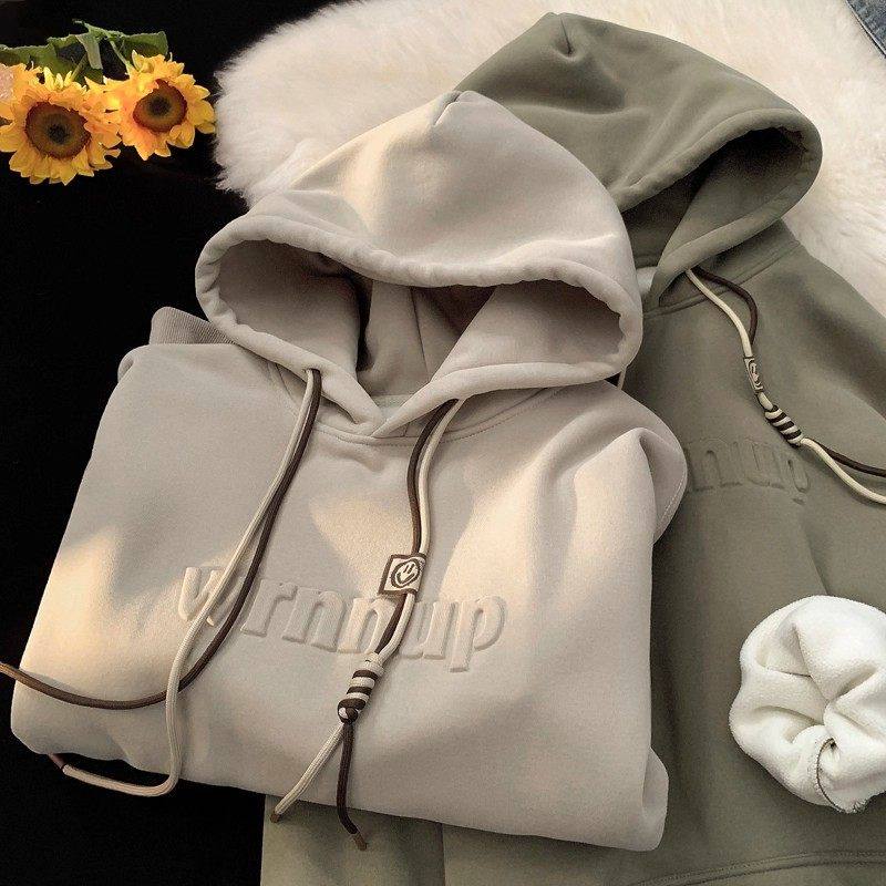 仓树一石潮牌秋冬季灰色连帽卫衣男美式时尚加绒宽松休闲套头上衣