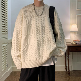 仓树一石潮牌麻花毛衣男款秋冬季新款宽松针织衫加厚圆领线衣外套