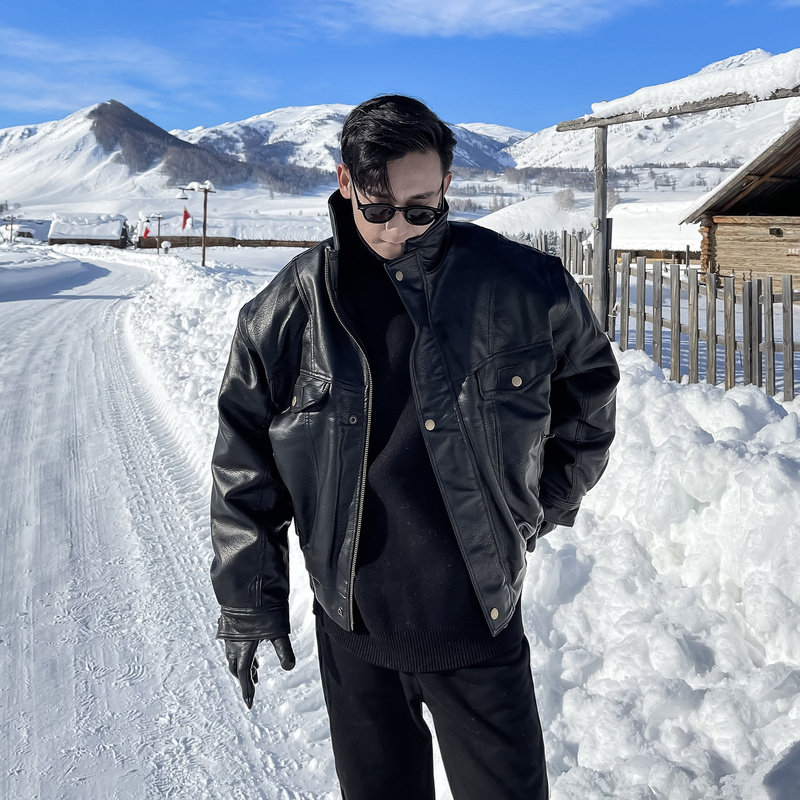 高端皮衣男秋冬季加厚韩国ins潮帅气翻领宽松机车服真皮夹克外套