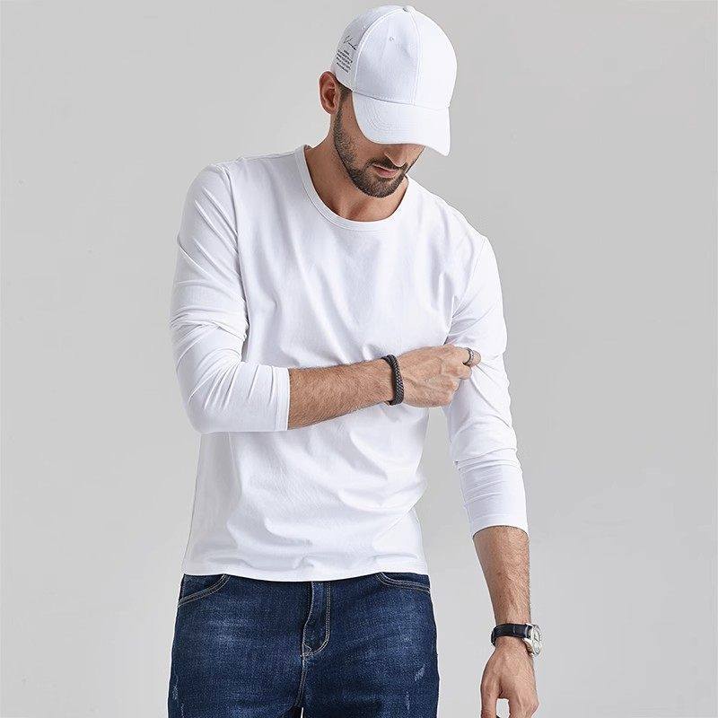 仓树一石高端纯棉春秋圆领上衣修身长袖T恤薄款内搭白色打底衫男