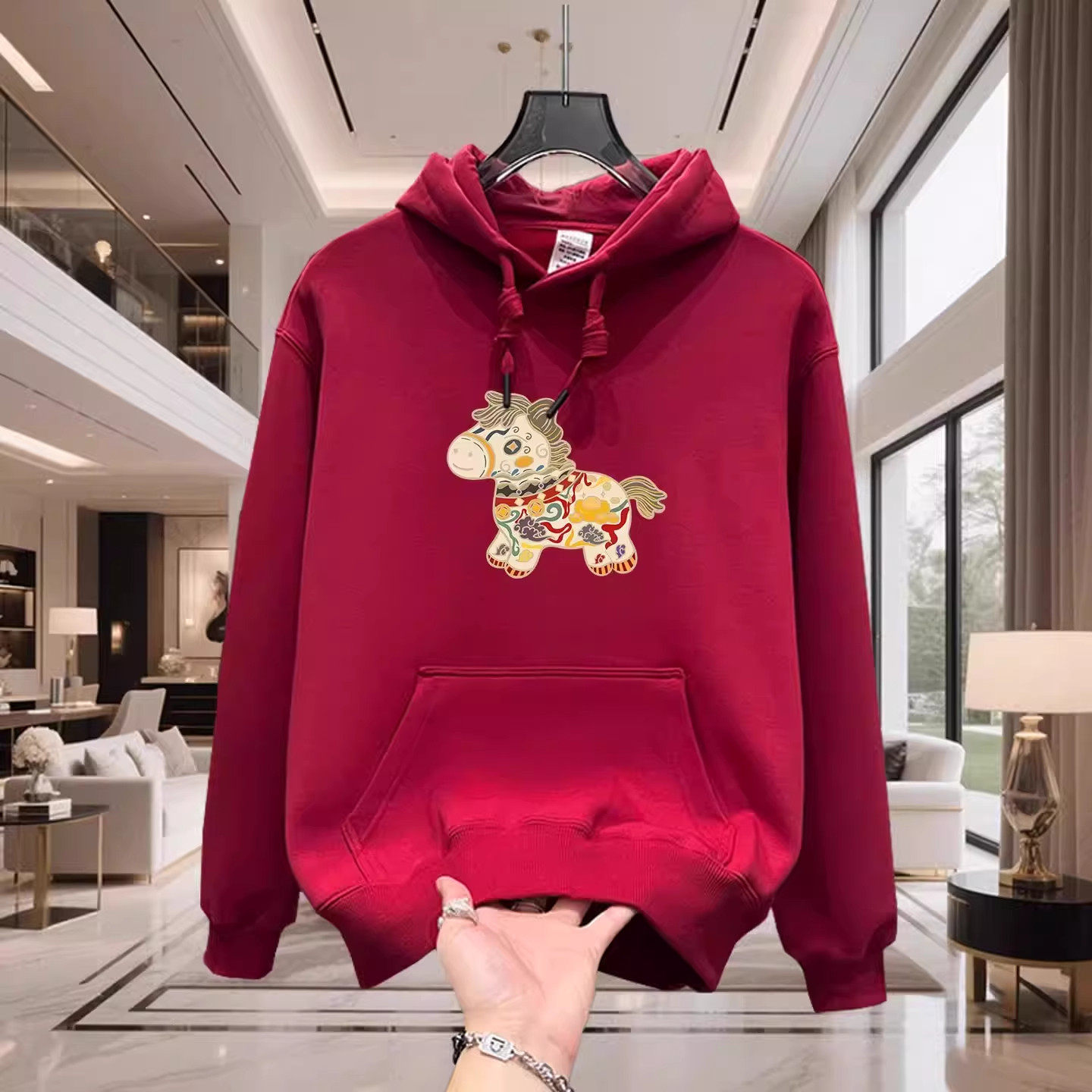 仓树一石高端潮牌2026马年本命年连帽卫衣男秋冬重磅加绒喜庆衣服