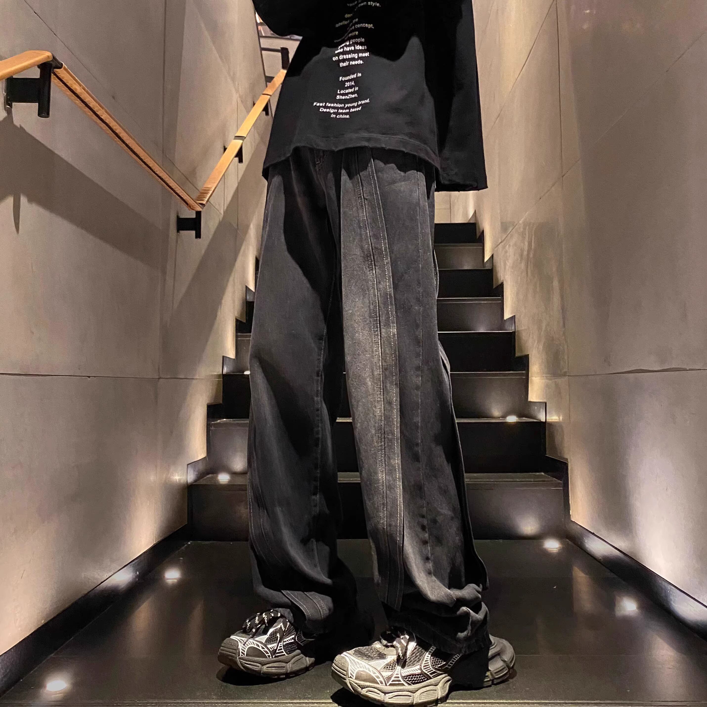 仓树一石美式高街阔腿加长牛仔裤男士高级感拼接春秋季新款长裤子