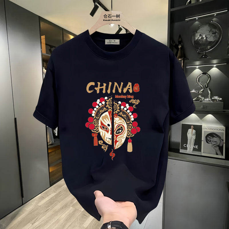 仓树一石潮牌国潮短袖t恤男士脸谱印花夏季纯棉圆领宽松男装上衣
