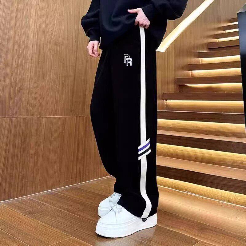 仓树一石潮牌美式复古黑色条纹休闲裤男潮牌宽松直筒阔腿运动裤