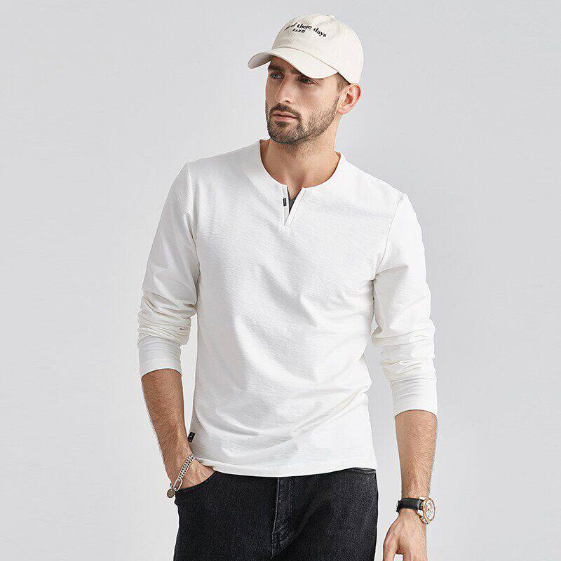 仓树一石潮牌美式复古亨利领长袖T恤男士春秋冬季V领纯棉打底衫