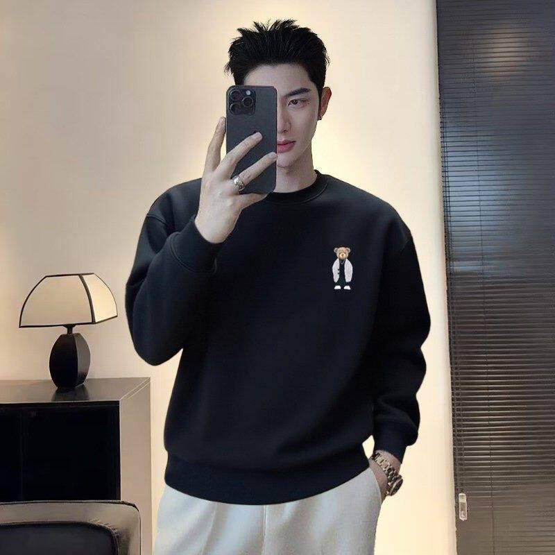 仓树一石潮牌高端黑色圆领卫衣男款秋冬宽松加绒加厚休闲百搭上衣