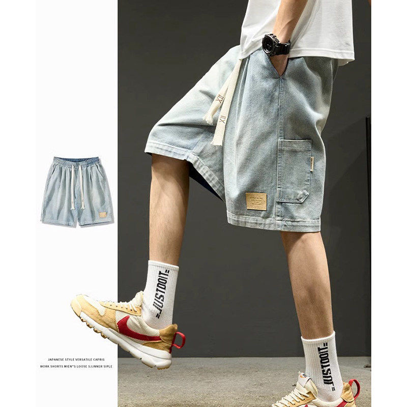 仓树一石牛仔短裤男夏季潮牌水洗做旧直筒日系复古工装五分裤薄款