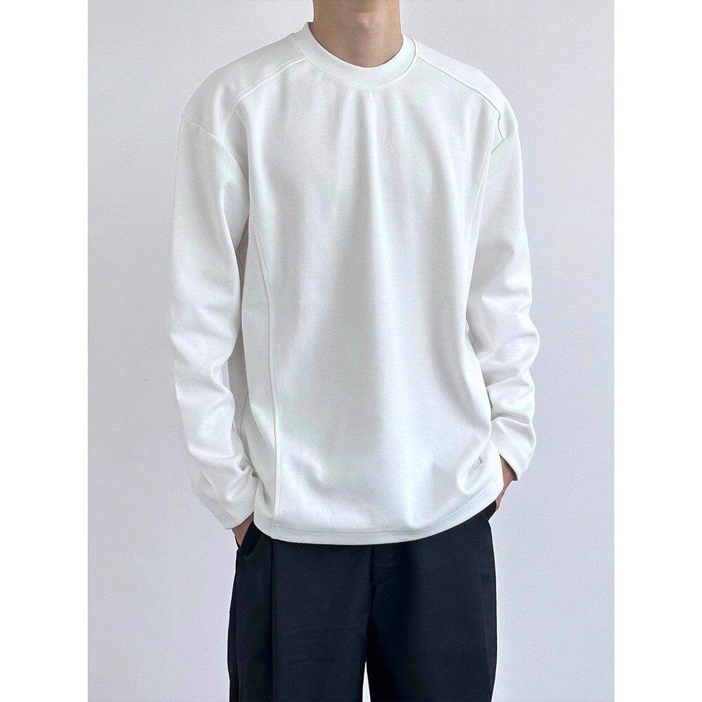 仓树一石美式复古纯棉正肩长袖t恤男秋季360G重磅宽松简约打底衫