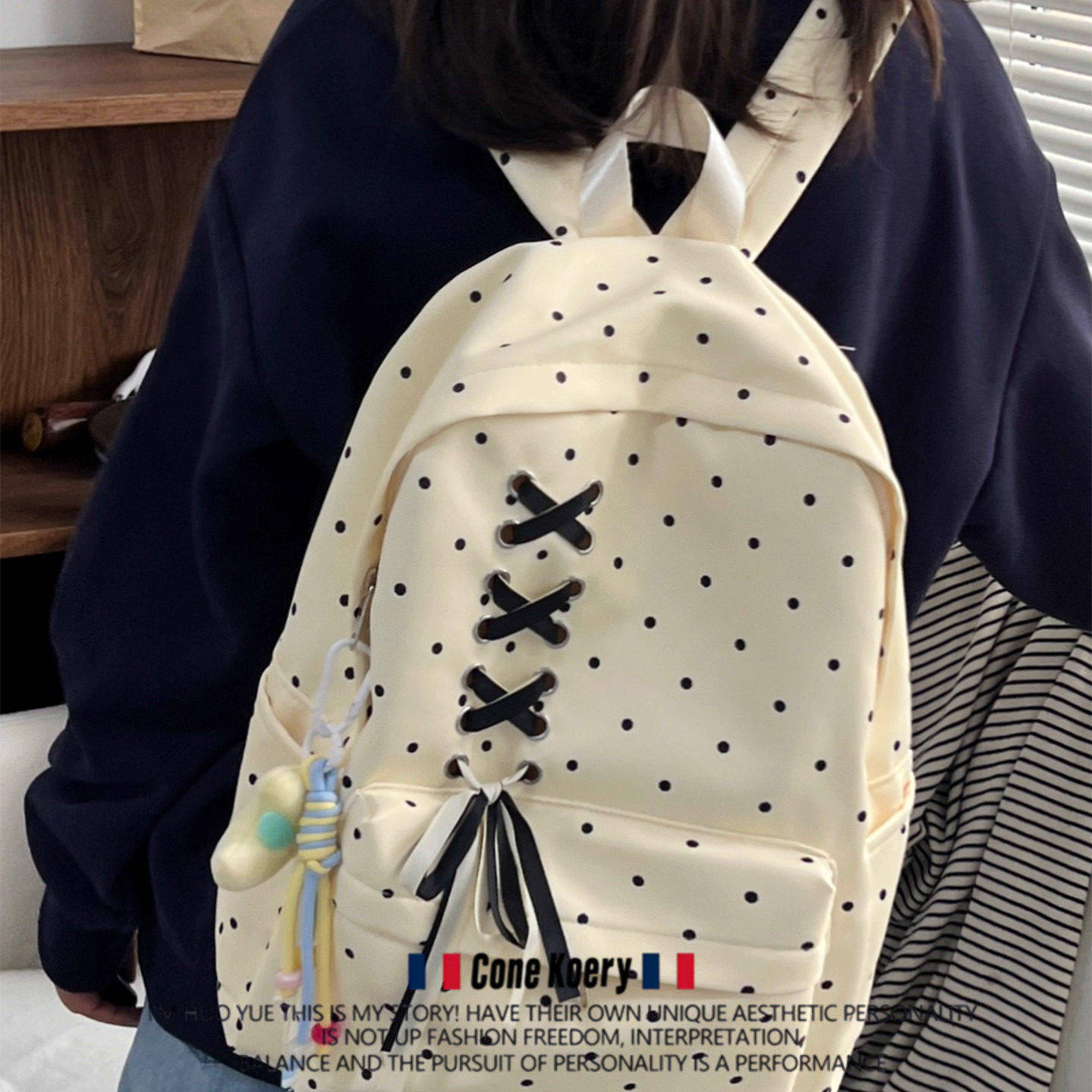 法国高颜值波点少女初中生书包女蝴蝶结大容量小众校园轻便双肩包