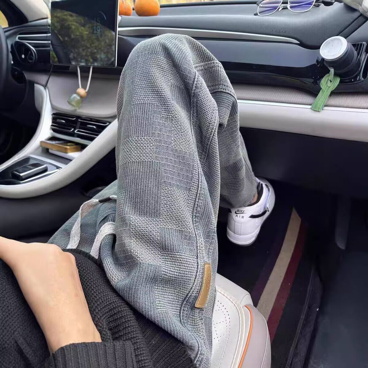 仓树一石美式复古格子纹抽绳牛仔裤男士夏款时尚宽松直筒休闲裤子