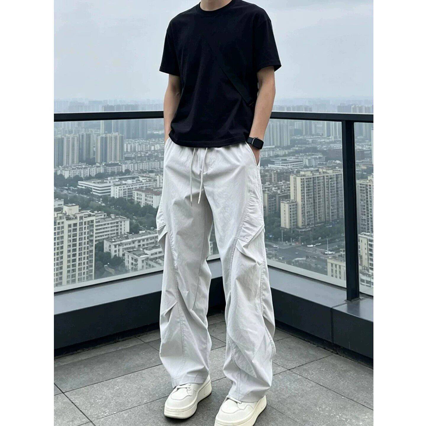 仓树一石褶皱感潮流直筒休闲裤男款夏季新款宽松薄款工装速干长裤