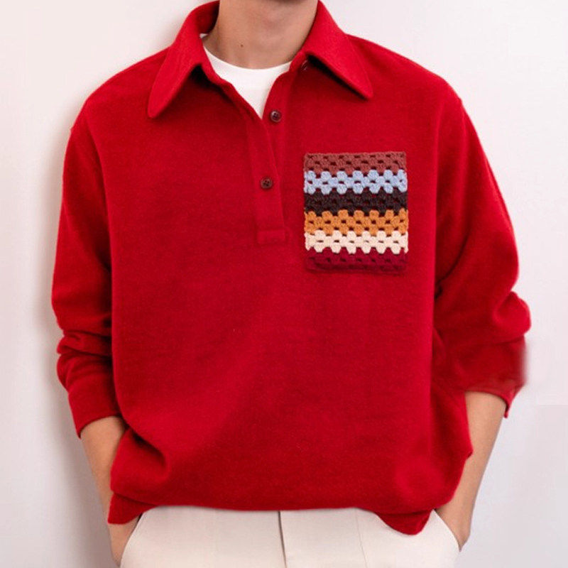 仓树一石红色本命年毛衣男士2025秋冬新款潮流宽松打底衫翻领衣服