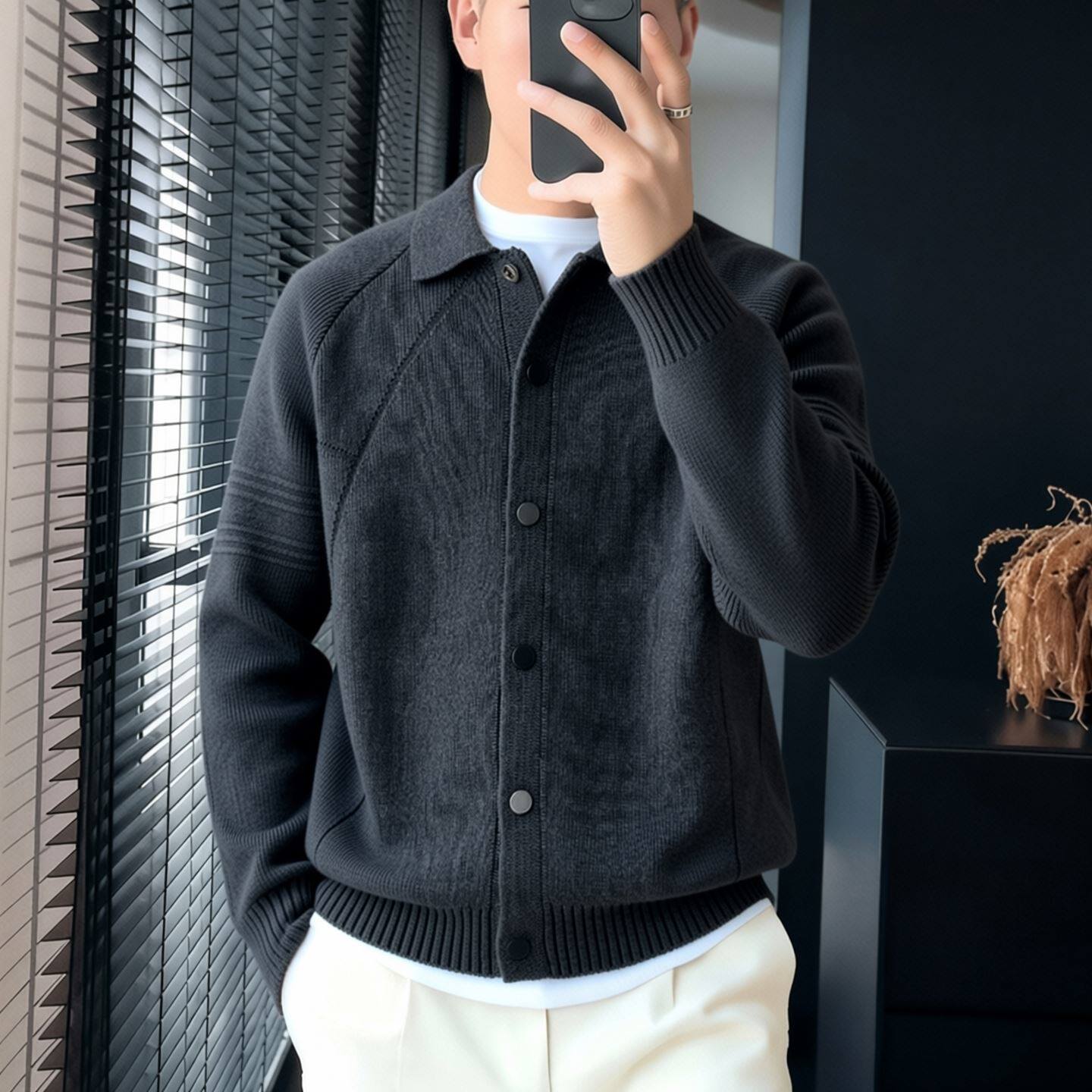 仓树一石翻领开衫毛衣男士2025秋冬新款潮牌深灰色商务休闲针织衫