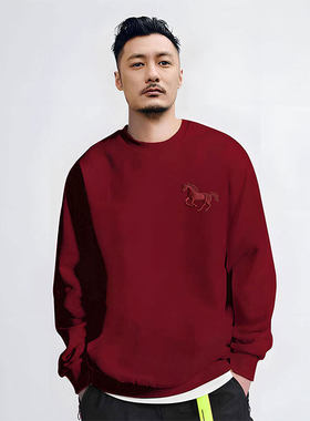 YHNP轻奢潮牌酒红色男士卫衣秋冬新款加绒宽松刺绣马年本命年衣服