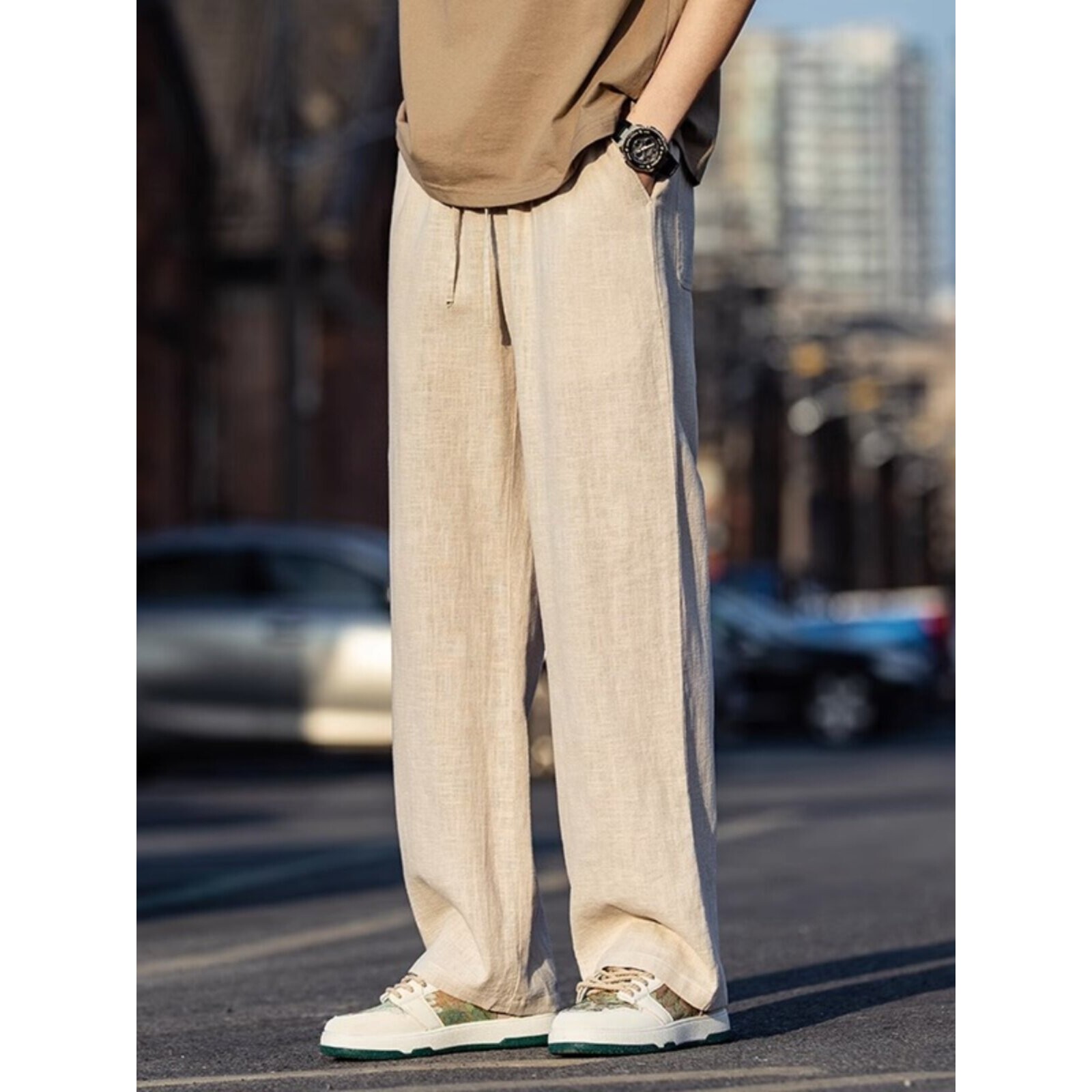 仓树一石潮牌复古亚麻裤子男款夏季薄款宽松直筒裤垂感棉麻休闲裤