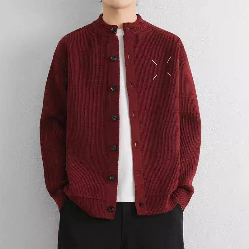 仓树一石潮牌秋冬新款红色圆领开衫毛衣男高级感时尚宽松针织外套