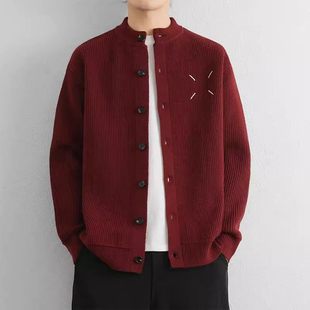 仓树一石潮牌秋冬新款红色圆领开衫毛衣男高级感时尚宽松针织外套