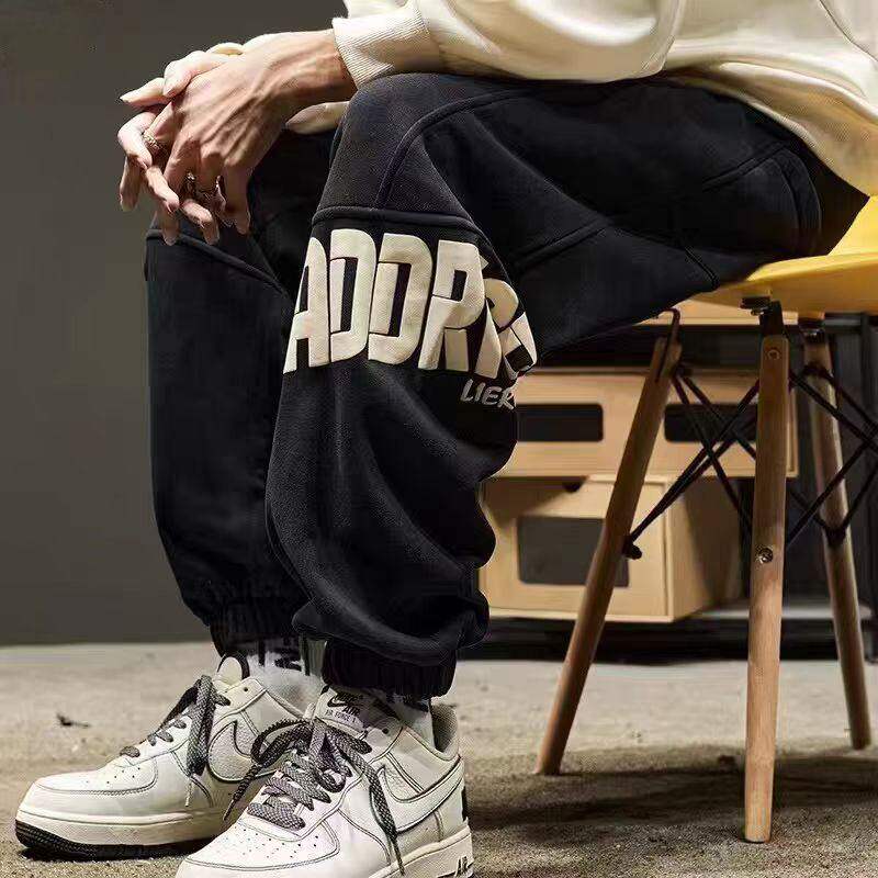 仓树一石休闲裤加绒卫裤男秋冬季美式重磅男款字母运动工装束脚裤