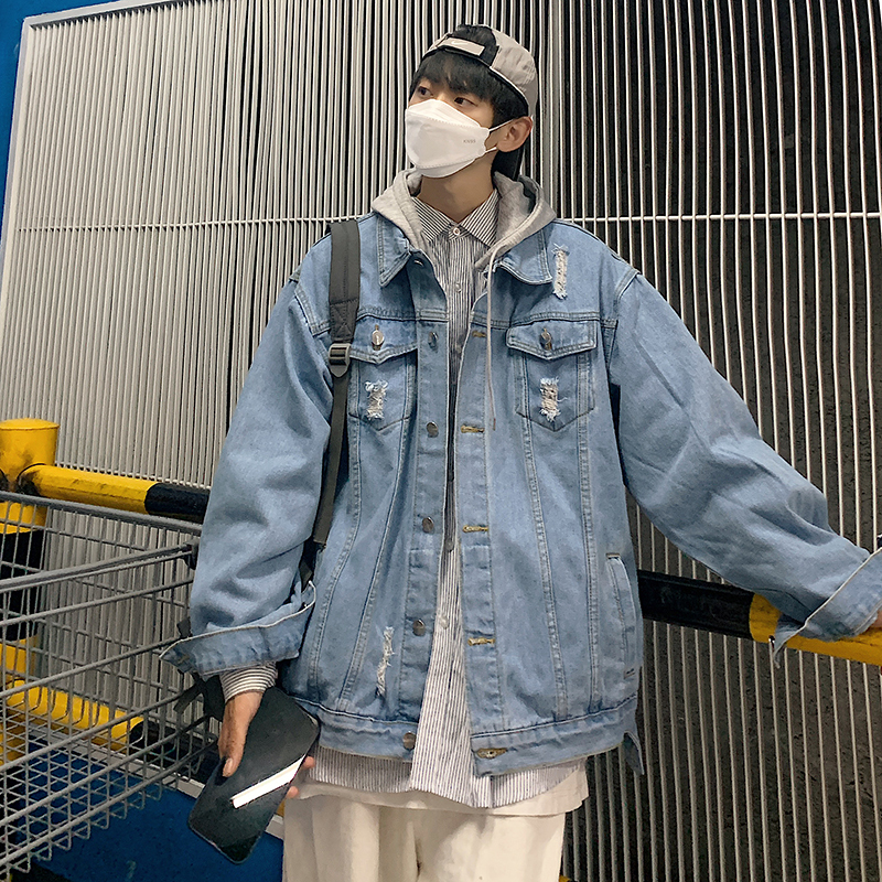仓树一石2025秋冬款破洞牛仔开衫外套大码男款时尚潮牌工装夹克男