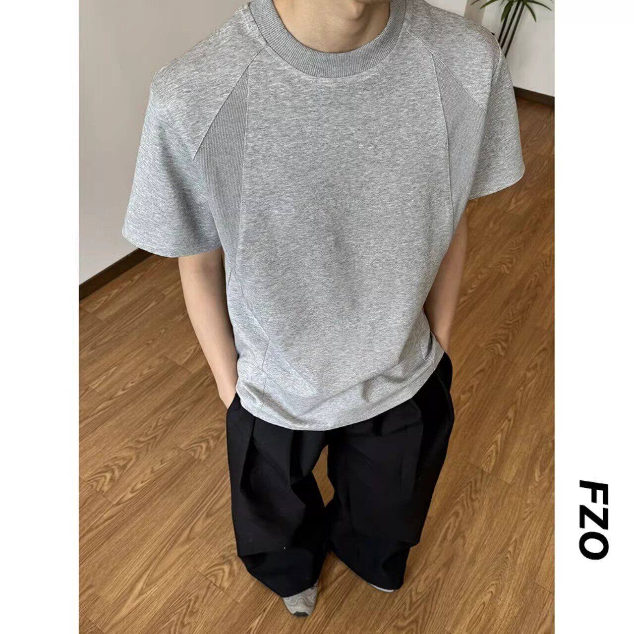 仓树一石夏季重磅纯棉300G正肩短袖男美式复古小领口螺纹拼接T恤