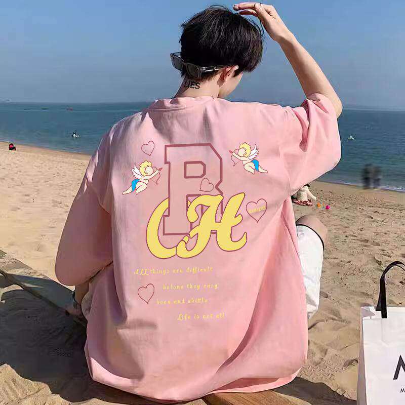 仓树一石粉色男士短袖T恤男天使baby印花2026夏季纯棉潮牌ins上衣