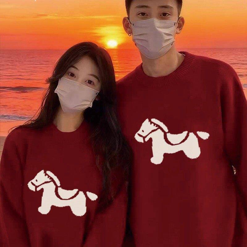 仓树一石潮牌秋冬季马年本命年红色毛衣男慵懒风时尚情侣款针织衫