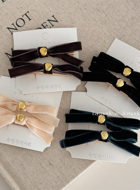 silme小姐姐~一对装鸭嘴夹金扣小丝绒缎带蝴蝶结发夹侧边刘海夹