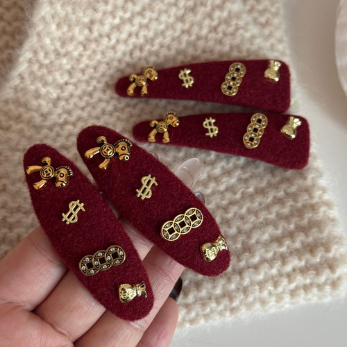 马上有钱新年款红色发夹高级感丝绒边夹发卡女新年侧边夹头饰发饰