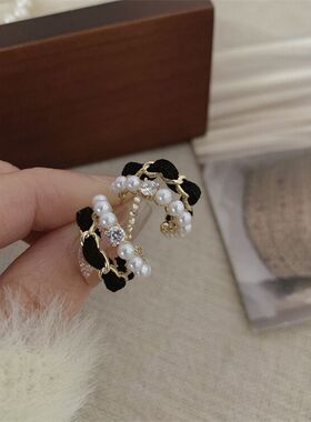 S925银针法式复古黑色丝绒珍珠C形耳环耳圈女轻奢气质个性耳饰品