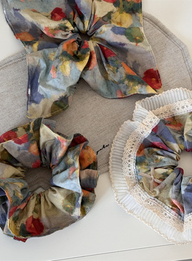 油画风花朵大肠圈复古发圈方巾丸子头花绑头发绳高级感发饰新款