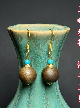 惠安沉水棋楠搭配绿松石蜜蜡珍珠南红耳坠女款招财纳福原创耳饰