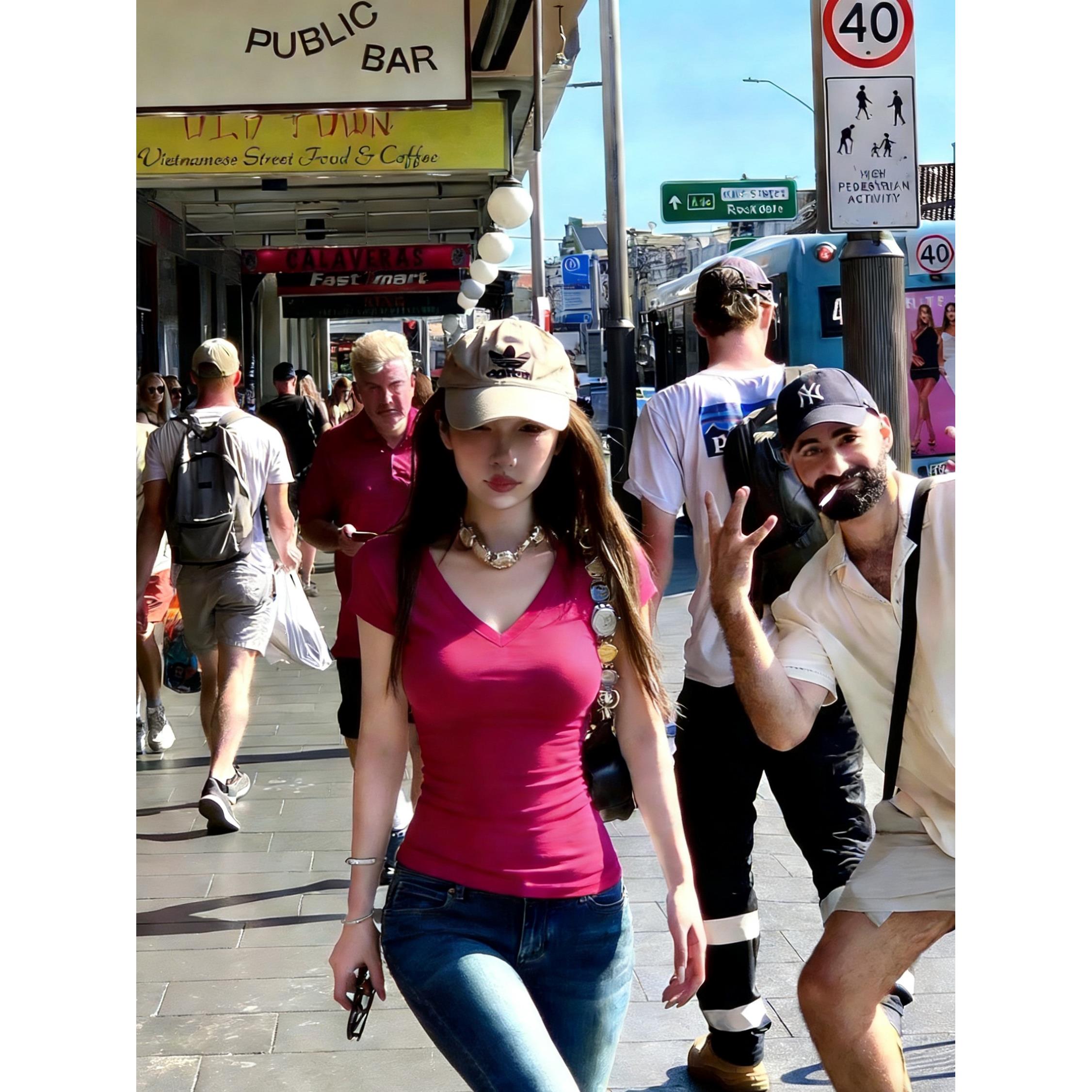 多巴胺穿搭玫红色正肩短袖女t恤T恤