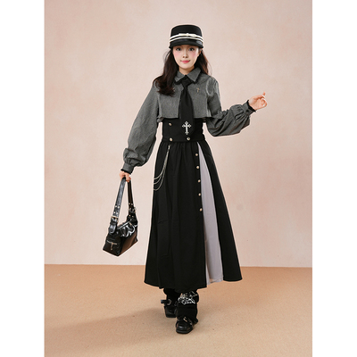 【十字颂歌】秋季条纹哥特显瘦衬衫十字腰封装饰不对称套装裙