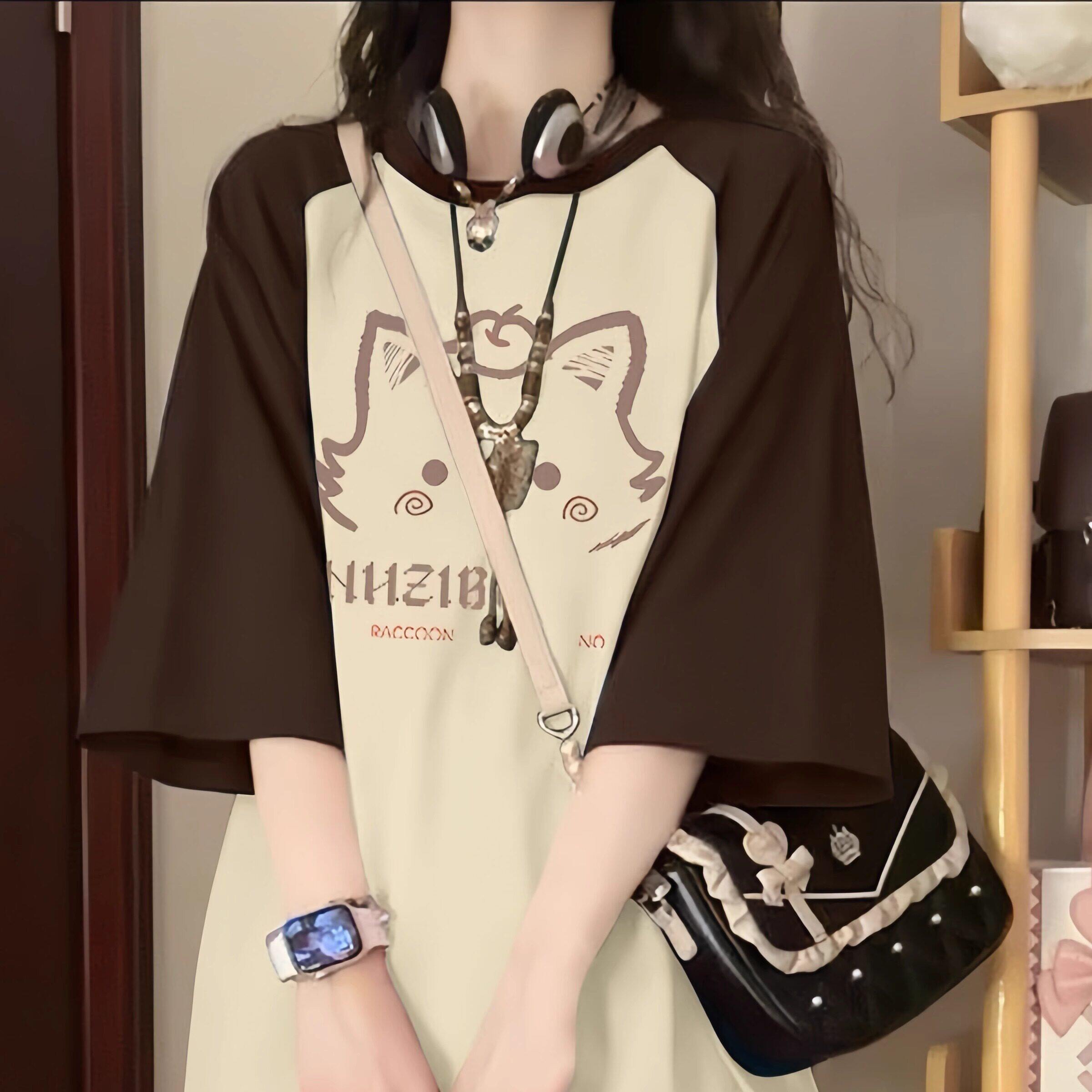 美式覆古插肩短袖t恤女大童夏季装2025初中高中学生宽松半袖上衣