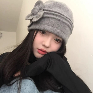 含羊毛毛线帽复古时尚玫瑰花刺绣护耳保暖冷帽小众y2k渔夫帽子女