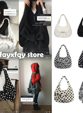 ASA 直井怜同款SIO韩国ins风复古波点格纹蝴蝶结毛绒单肩包托特包