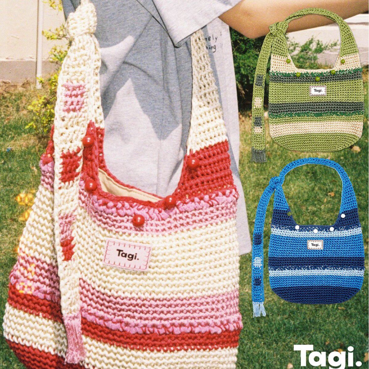 Tagi.机灵果子手工串珠大容量可调节休闲单肩斜挎包编织袋图片