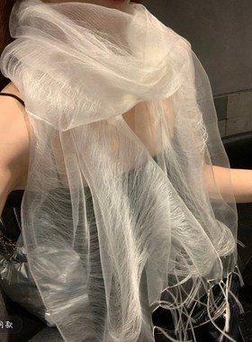 GREENHOUSES 100%三层桑蚕丝长条丝巾春夏氛围感披肩轻薄飘逸围巾