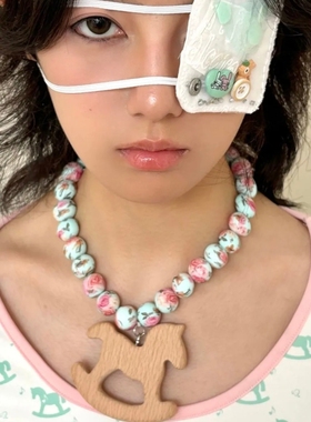 小众木马项链  婴儿牙胶手工串珠橡木吊坠环保百搭四季
