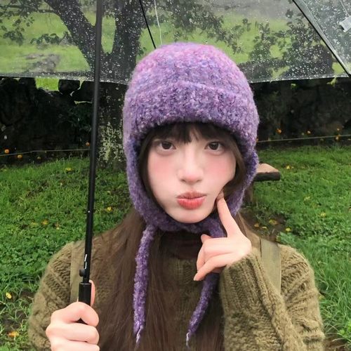 韵味葡萄紫纯手工钩针毛线帽女秋冬季保暖护耳圈圈纱渐变色雷锋帽