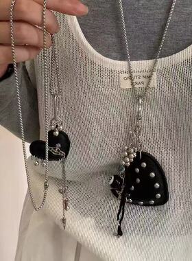 黑色铆钉爱心8号台球土星流苏项链毛衣链小众高级感百搭气质颈链