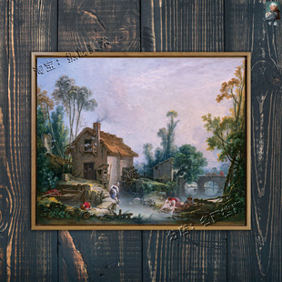 Landscape 磨坊风光 with 洛可可风景油画复古 Watermill 布歇