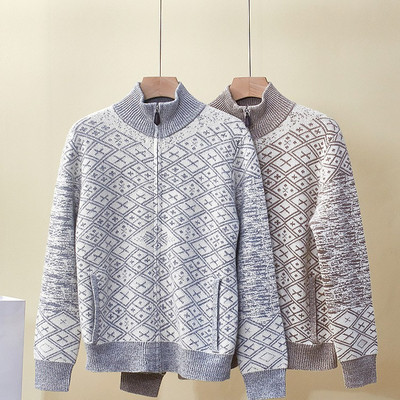 LP菱格拉链保暖羊绒毛衣外套厚