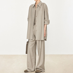 空气神裤 休闲裤 衣 纸片人衬衫 女随性INS风意大利高端羊毛直筒套装